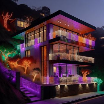 House at night, illuminated with orange lights along roofline, fence in foreground, dark sky.