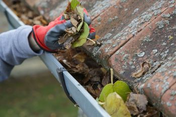 Gloved hand removing leaves from a gutter on a brick roof.