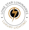Lone Star Luminaires logo: gold lightning bolt inside gold and black circle, white background, "LUXURY LIGHTING" below.