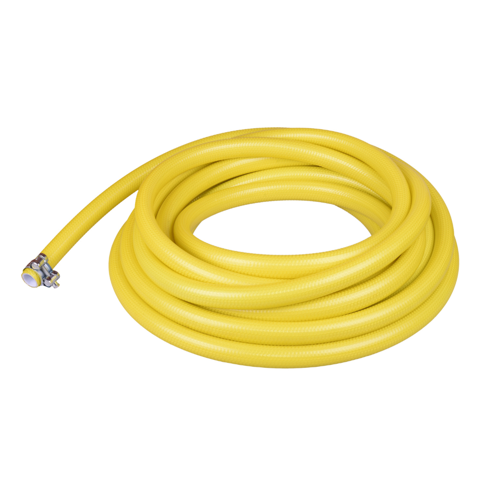 Coiled yellow garden hose with metal fitting