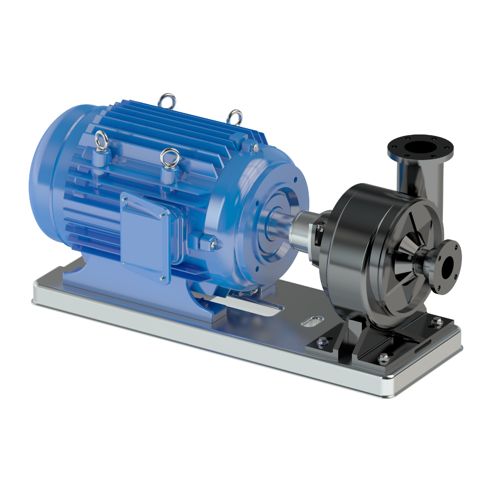 Blue electric motor coupled to a black pump on a metal baseplate, isolated on white background