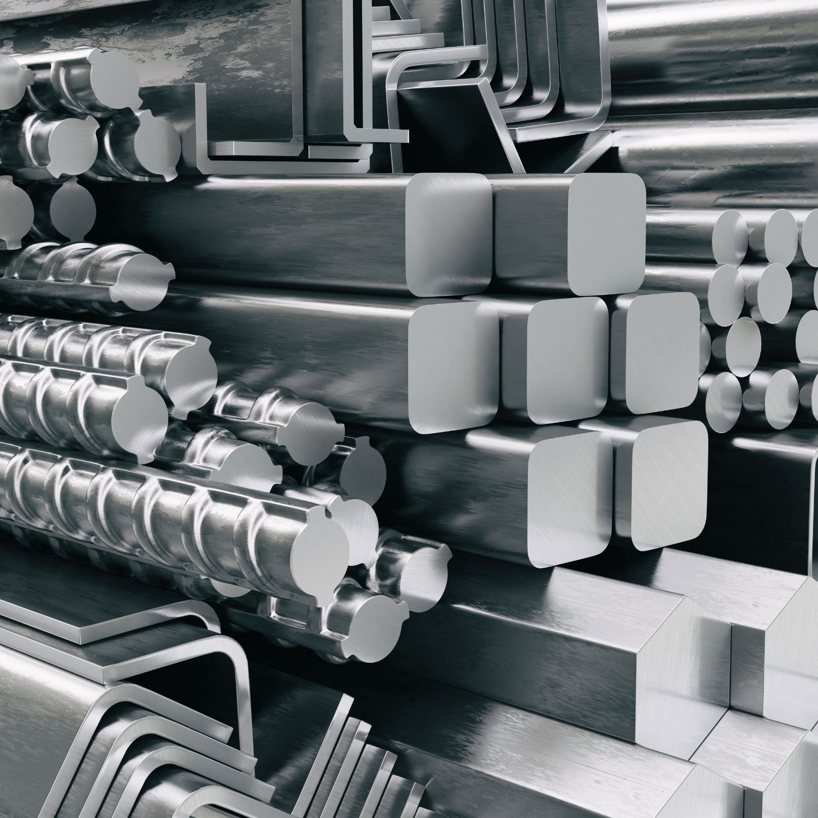 Stacks of shiny metal rods and square bars in an industrial warehouse.