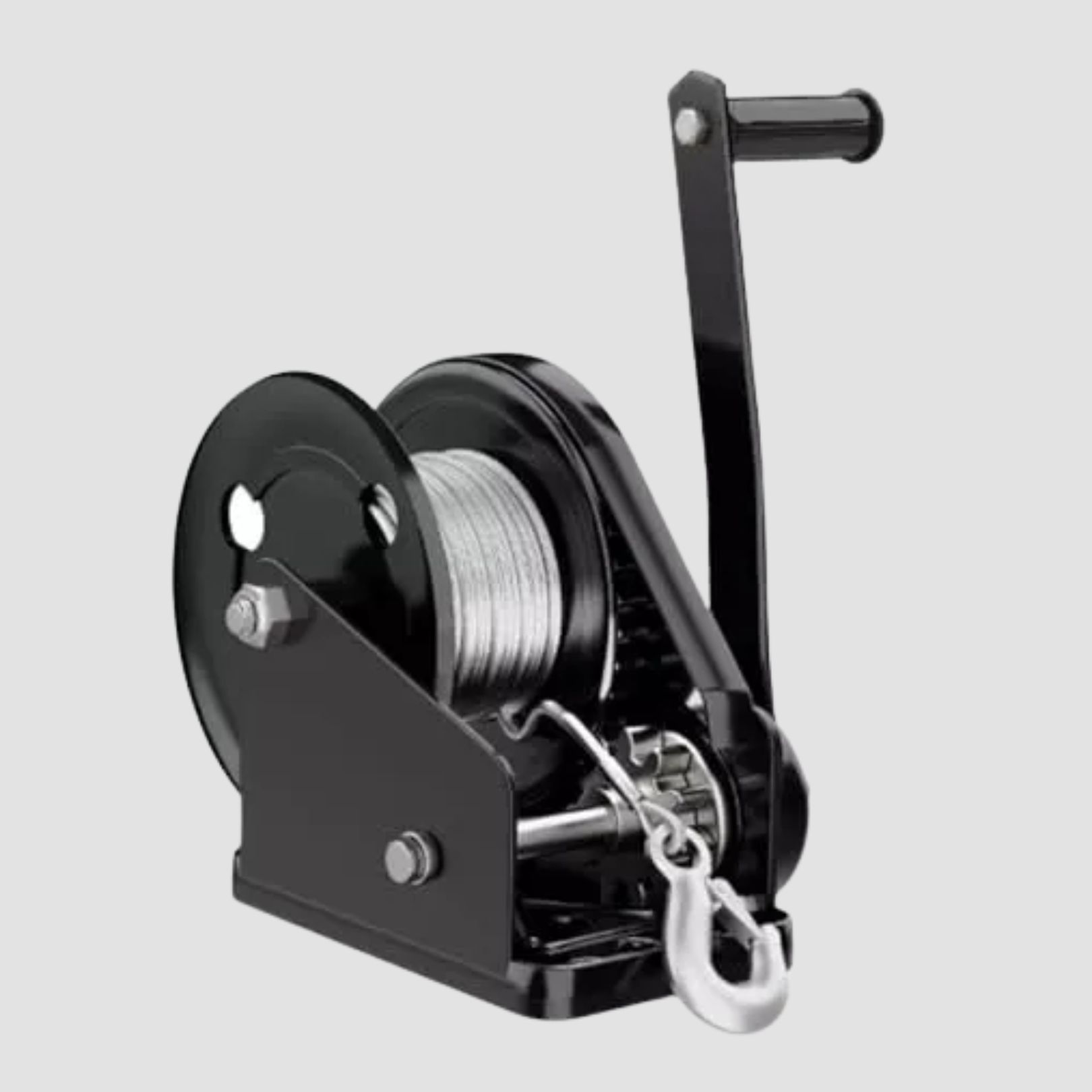 Black hand winch with steel cable and crank handle on a light background