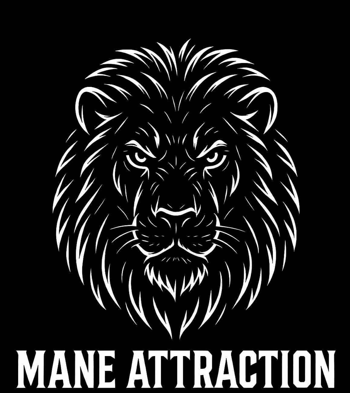 Logo with a lion's head and text that reads "MANE ATTRACTION" on a black background.