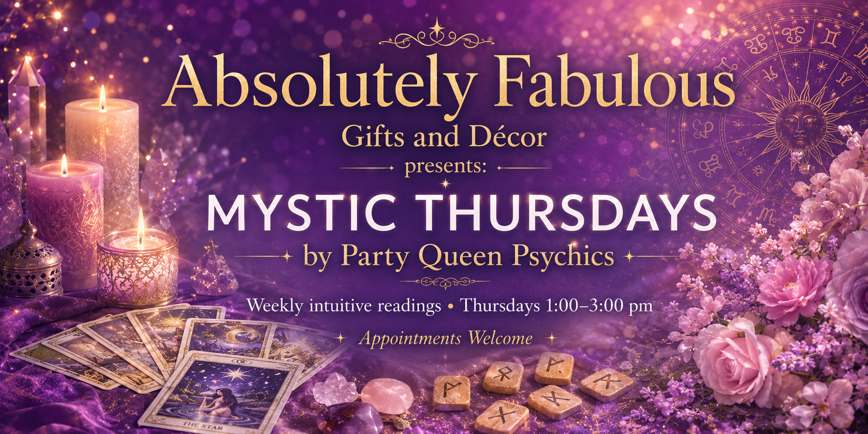 Party Queen Psychics will offer intuitive readings every Thursday from 1:00-3:00 pm at Absolutely Fabulous Gifts and Decor in Huntington Beach.