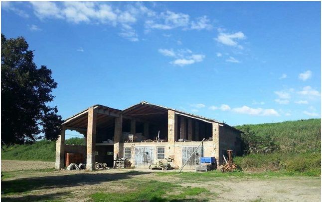 Rustico edificio in mattoni, aperto sui lati, con tetto in tegole, sotto un cielo azzurro brillante. La struttura è circondata da campi verdi.