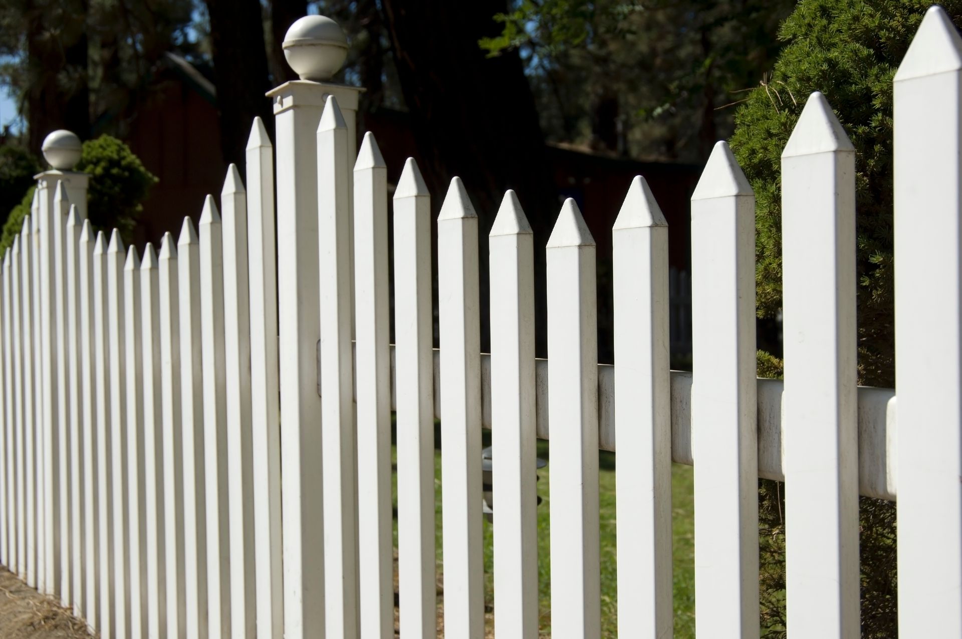 A white picket fence is surrounded by grass and trees.
