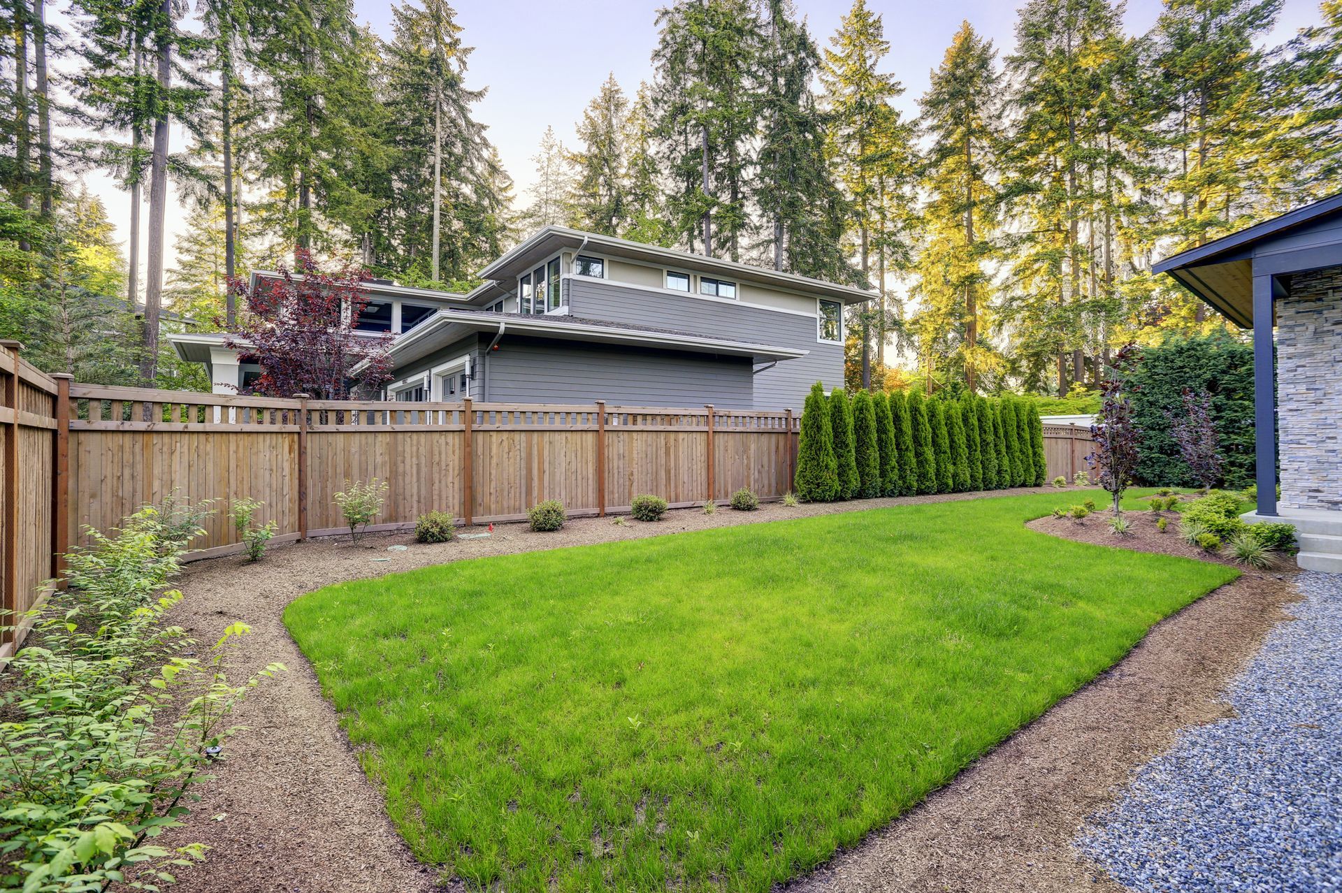A lush green yard with a wooden fence and a house in the background.