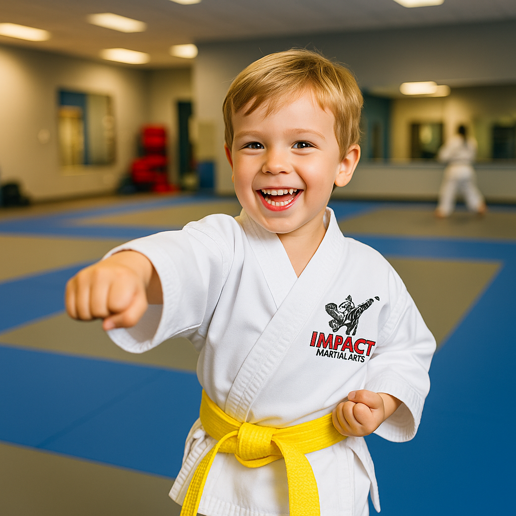 A young boy is wearing a white karate uniform and a yellow belt at Austin TX's premier martial arts