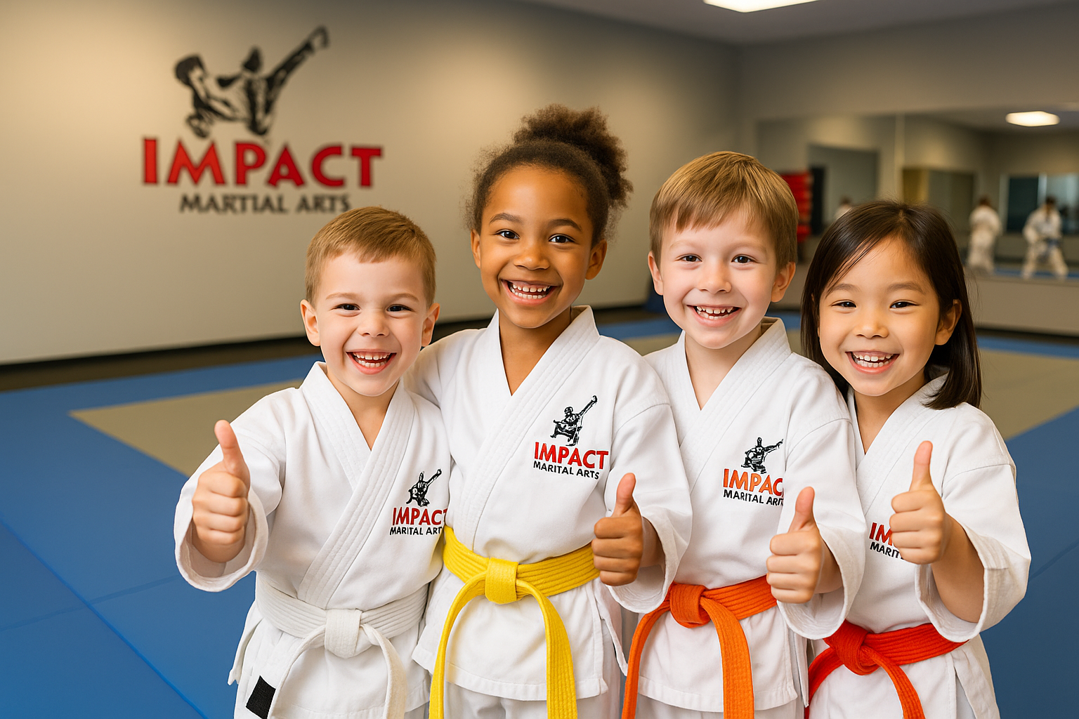 A group of young children at impact martial arts in karate uniforms are giving a thumbs up.