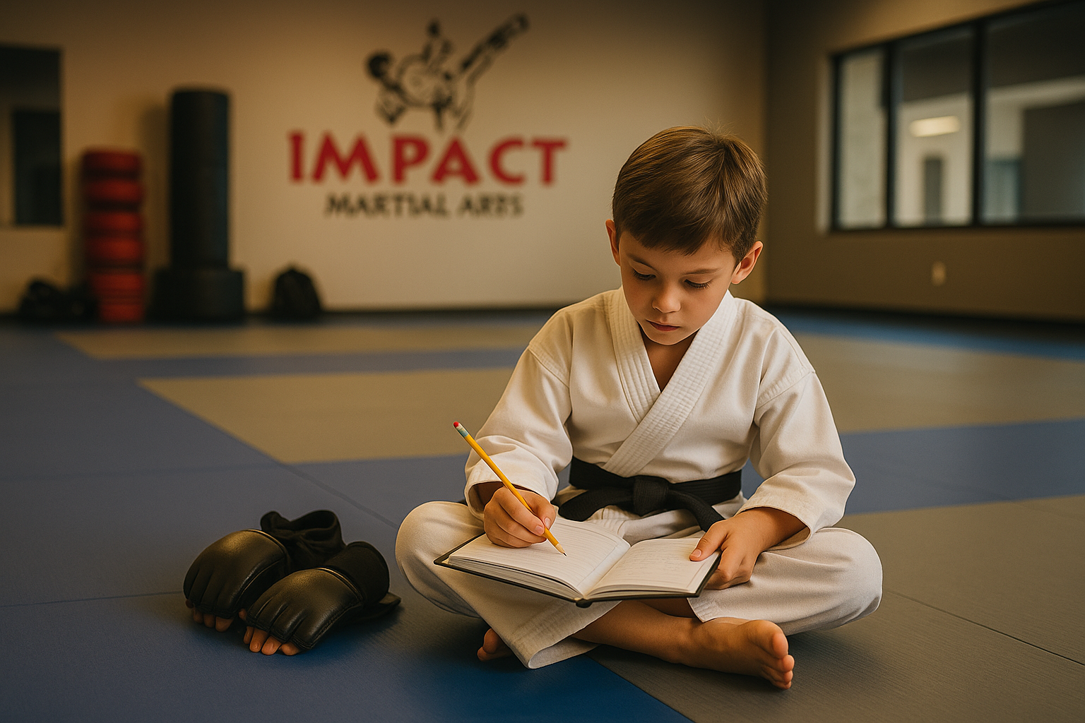A young boy in a karate uniform is sitting on the floor writing in a notebook at Impact Martial Arts