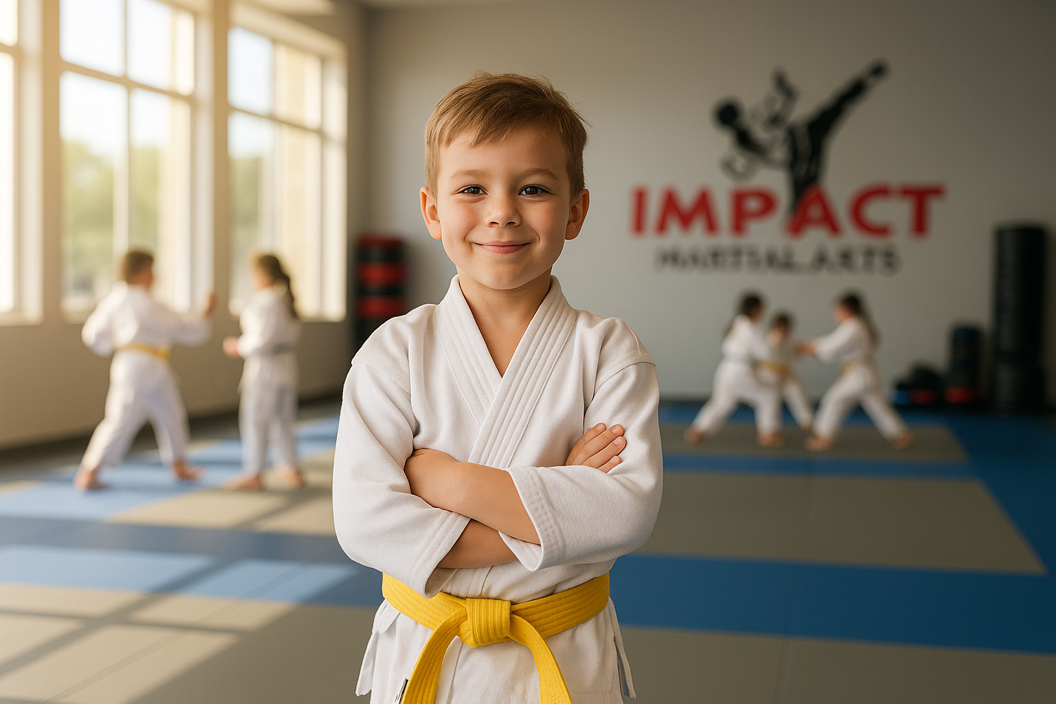 A young boy in a karate uniform at Impact Martial Arts in Austin