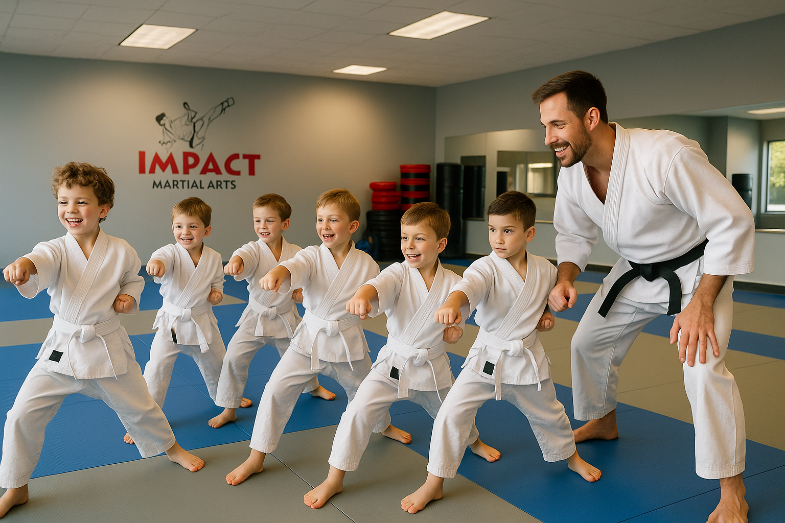A group of young boys are practicing karate with a teacher at Impact Martial Arts in Austin TX