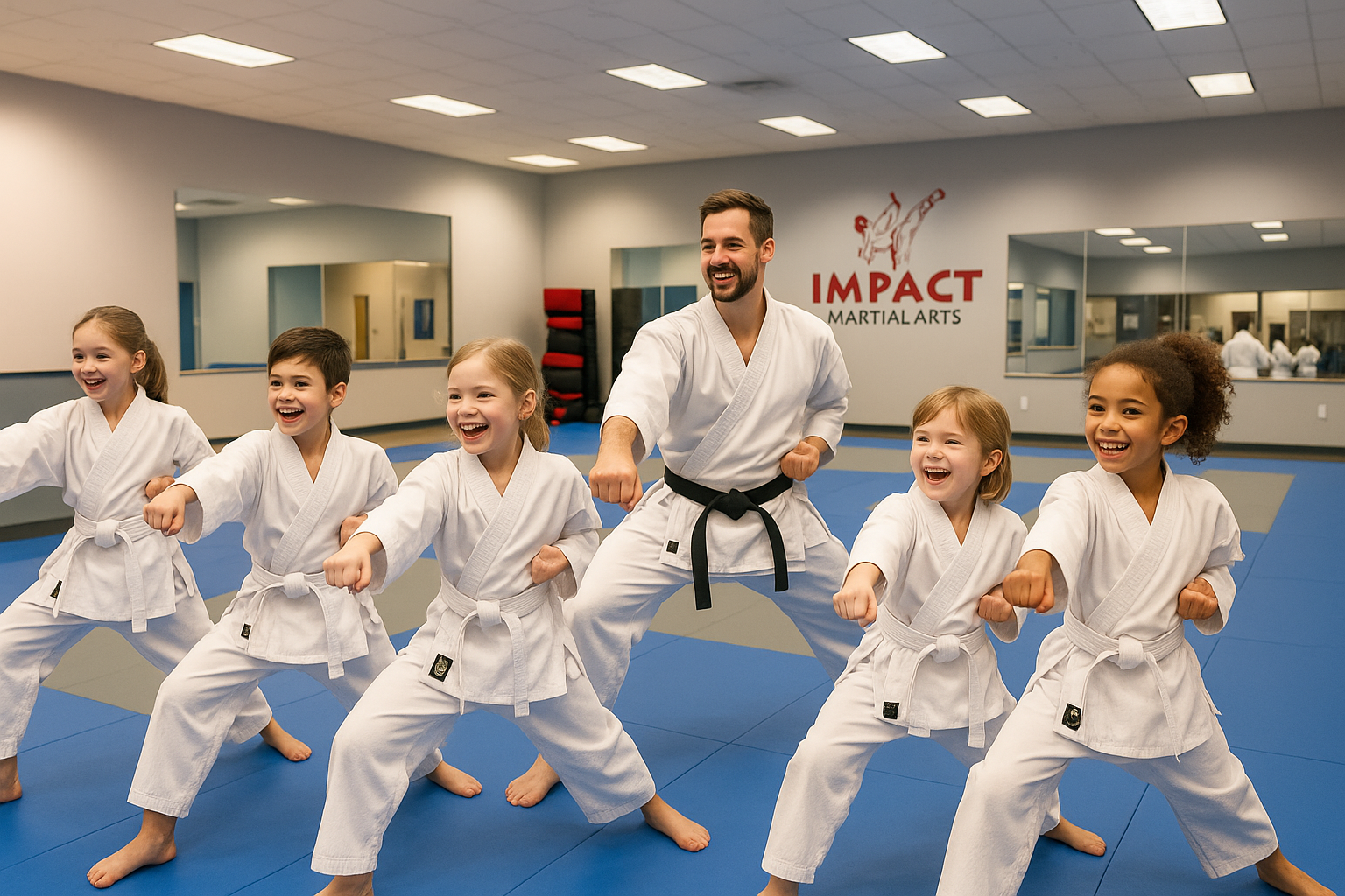 A group of children are practicing karate with a teacher at impact martial arts in austin tx