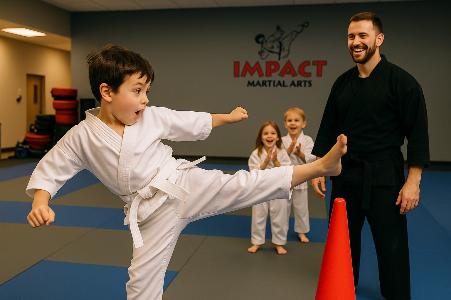 A young boy in a karate uniform is kicking a cone in am impact martial arts class.