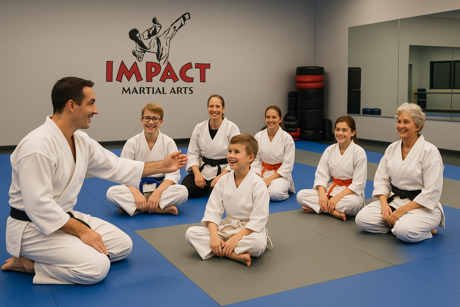 A group of people are sitting on a mat in a martial arts class at Impact Martial Arts in Austin TX
