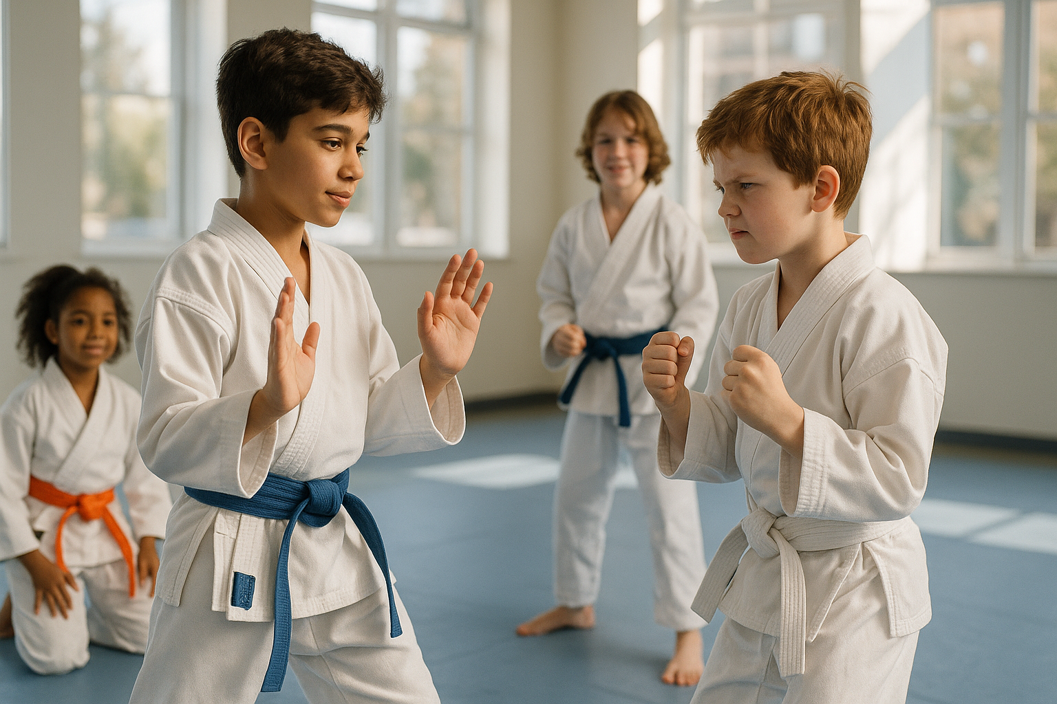A group of young boys are practicing karate in a gym.