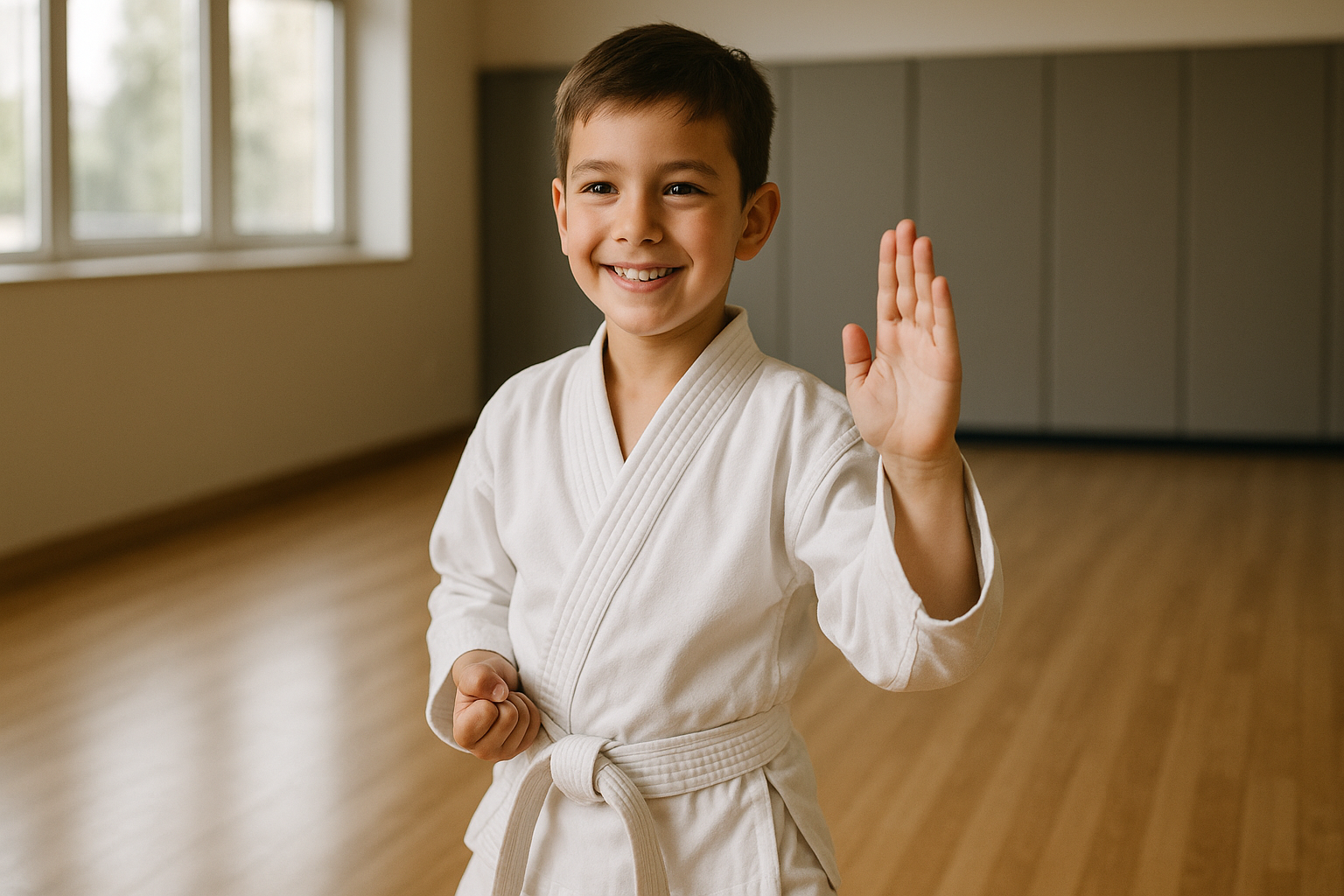 A young boy in a karate uniform is waving his hand in a gym.