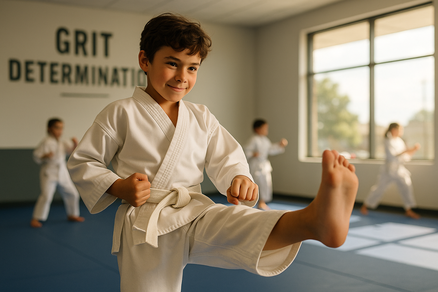 A young boy is practicing karate in a gym.