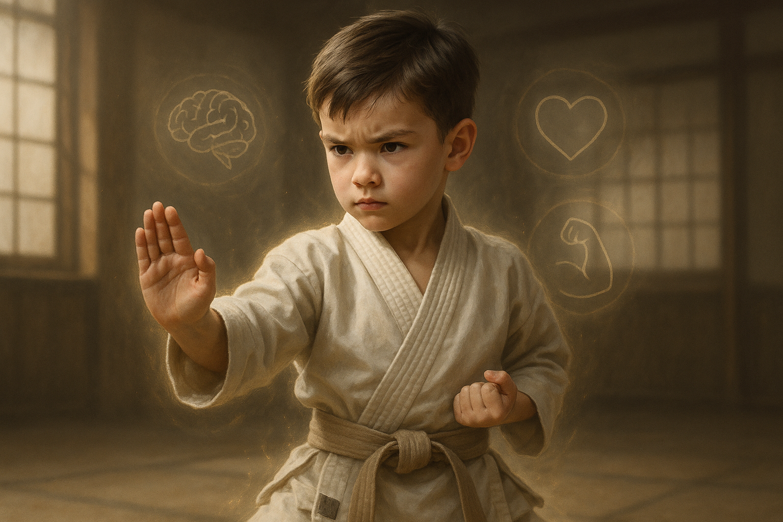 A young boy in a karate uniform is practicing karate in a gym.