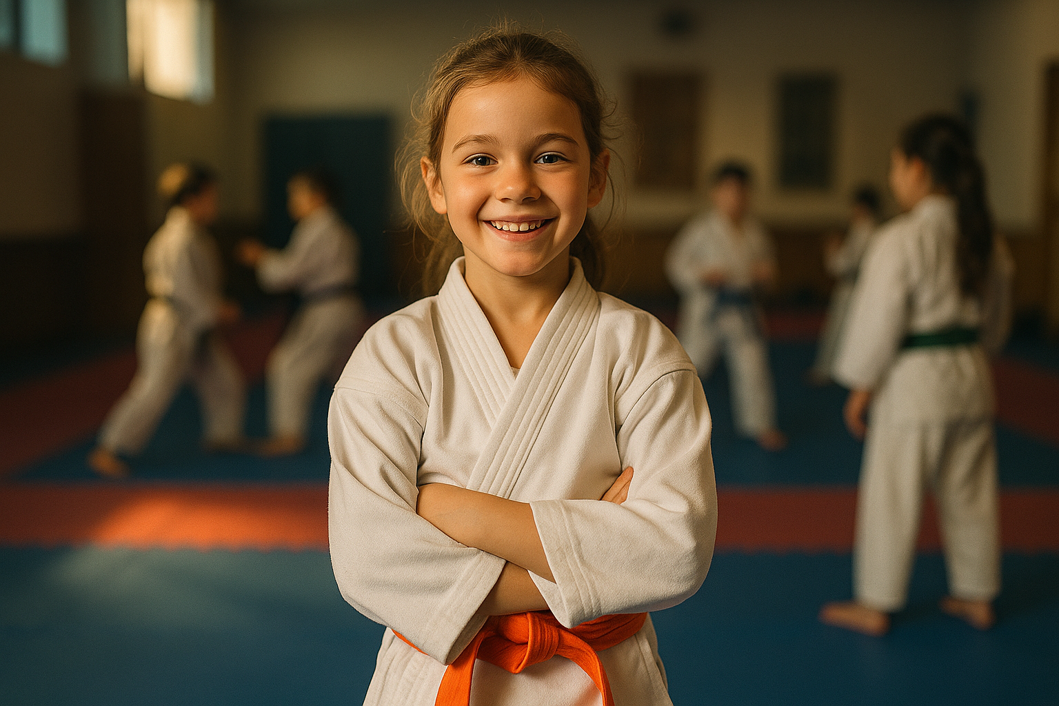 A young girl in a karate uniform is standing with her arms crossed in a gym.