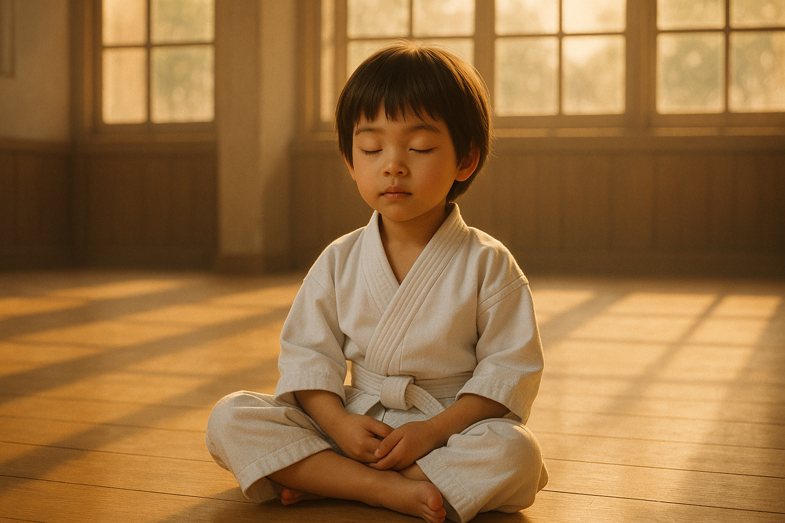 A young boy in a karate uniform is sitting on the floor with his eyes closed.