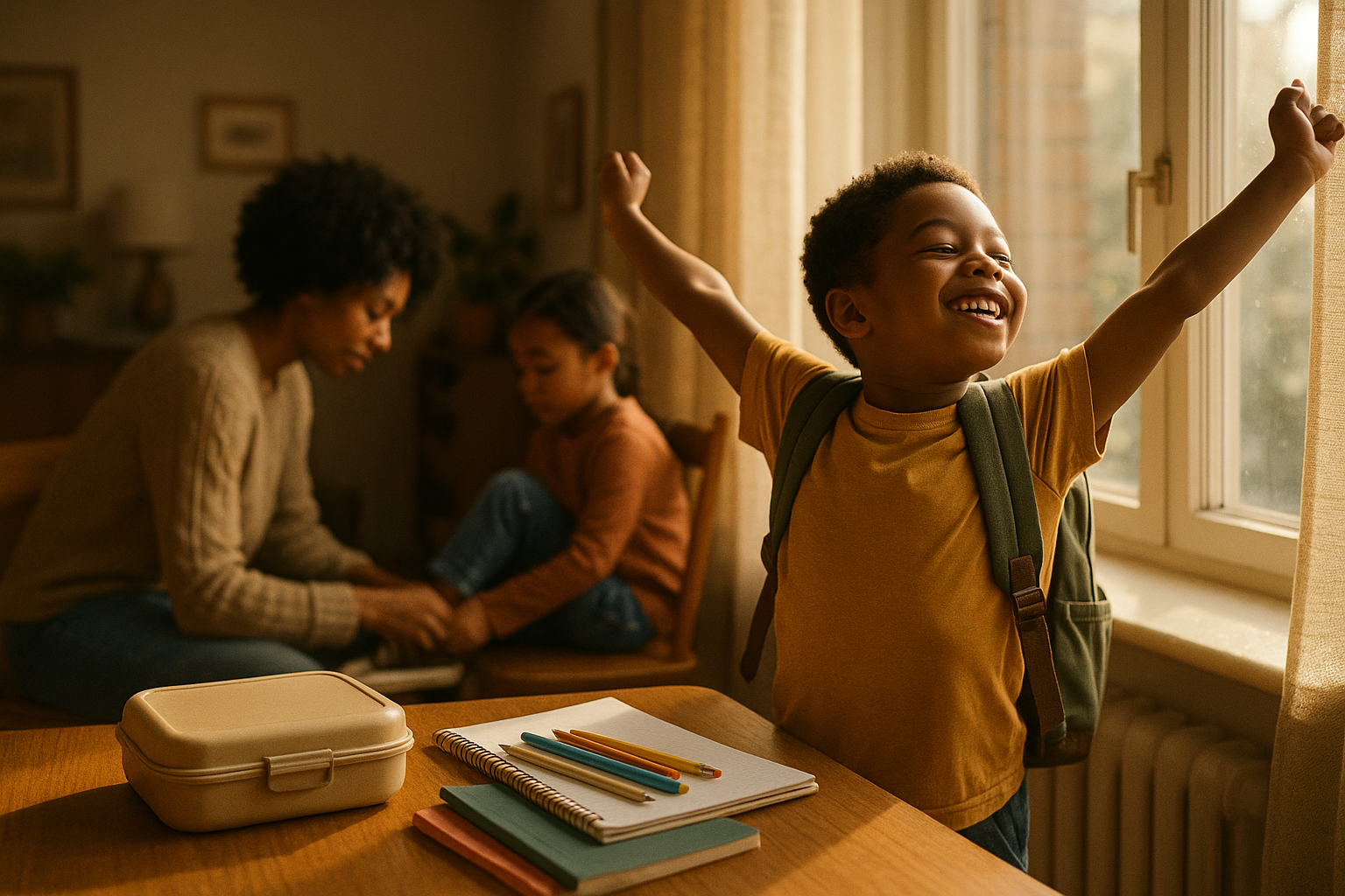 A boy with a backpack is sitting at a table with his arms in the air.