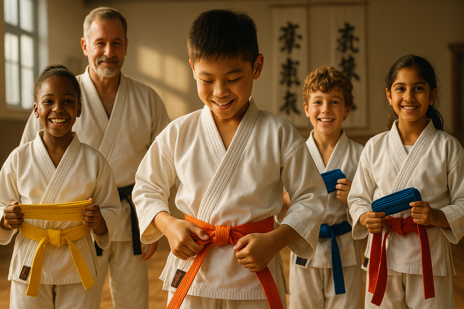 Young martial arts student proudly earning a new belt as a reward for responsibility and hard work