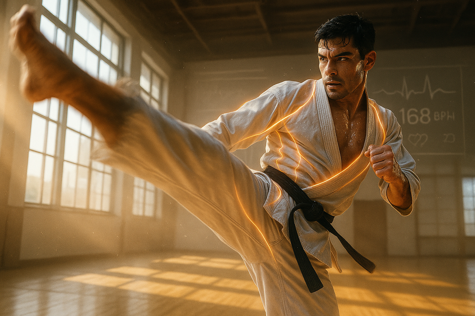 Martial artist performing a powerful mid-air kick in a sunlit dojo.