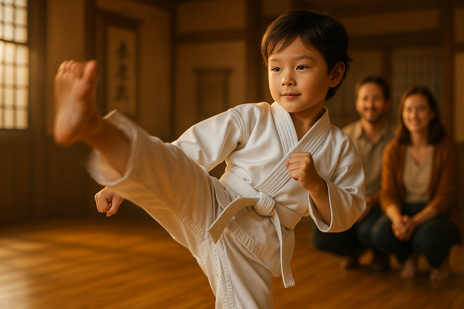 Child performing a high martial arts kick in a dojo, radiating confidence and focus.