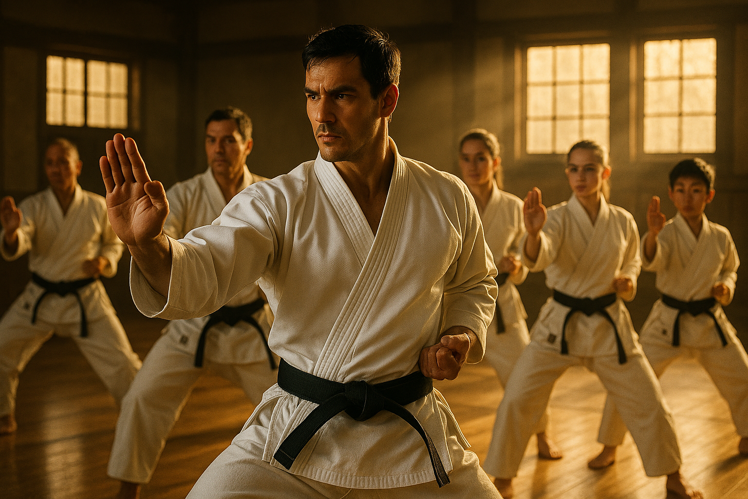 Martial arts instructor leading diverse students in a dojo, showing discipline and leadership.