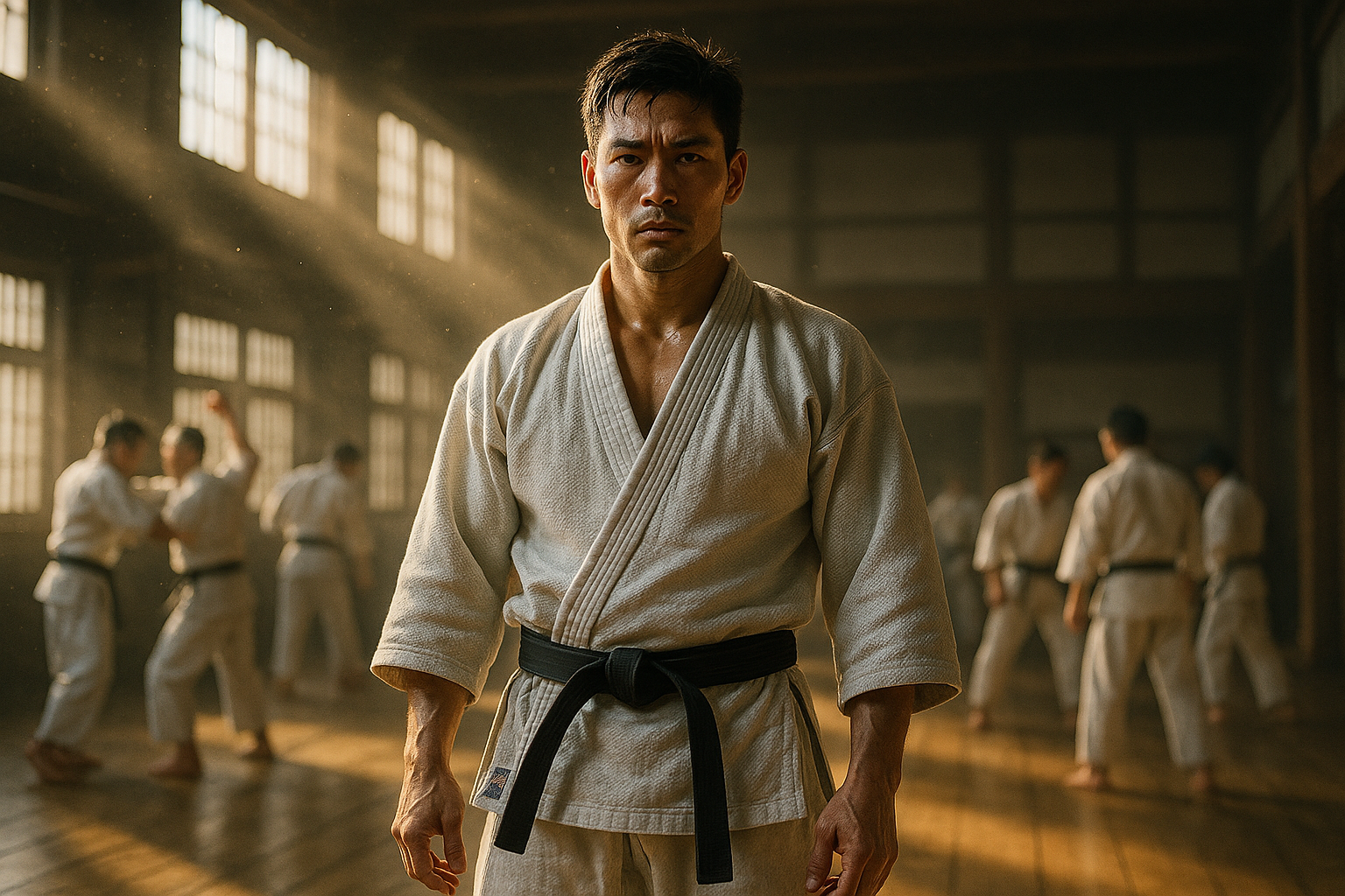 Martial artist practicing in a dojo, symbolizing personal growth and strength