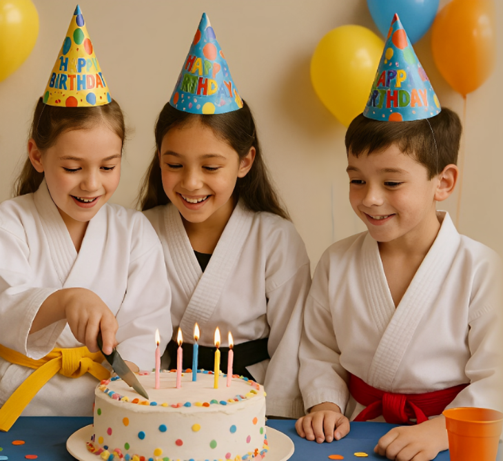 Three children wearing birthday hats are cutting a cake