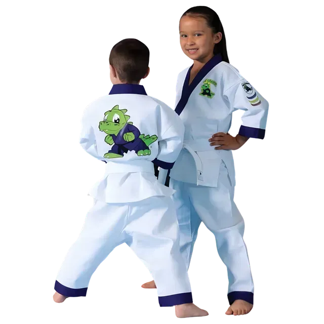 A boy and a girl are standing next to each other in karate uniforms