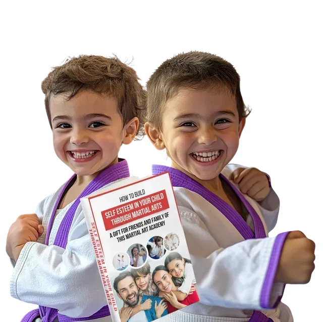 a young boy and a girl wearing karate uniforms are standing back to back and smiling