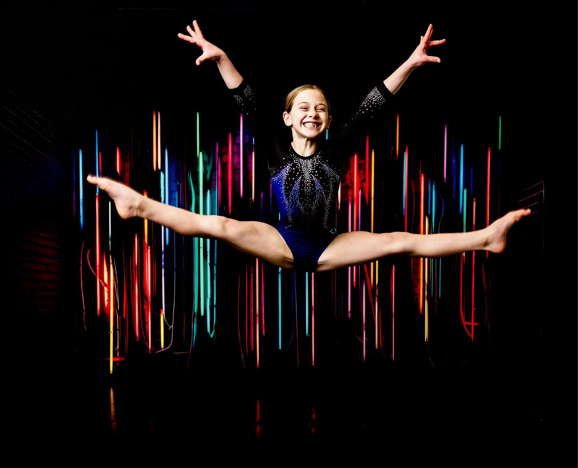 Gymnast performing a split leap with arms raised, lit by colorful streaks against a black background.