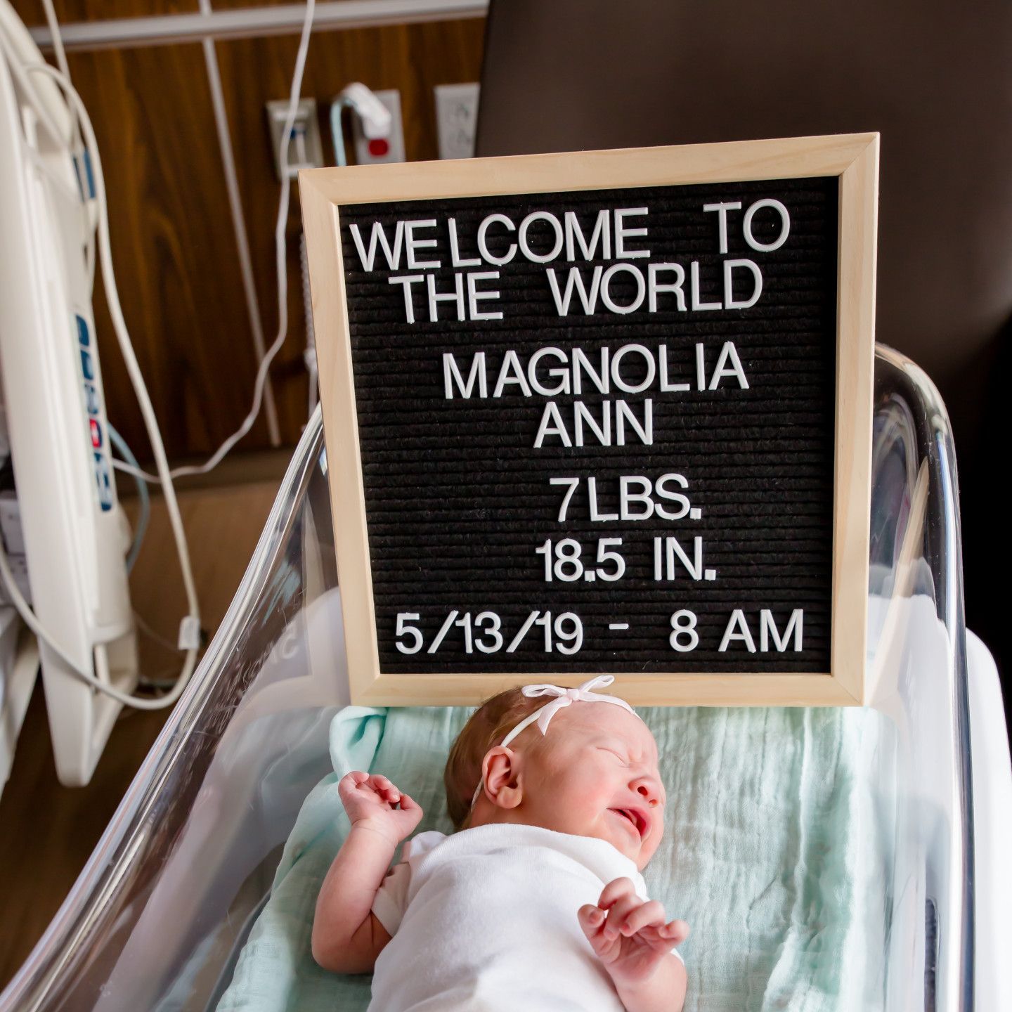 Newborn baby, Magnolia Ann, in a hospital bassinet, with a sign announcing her birth details.
