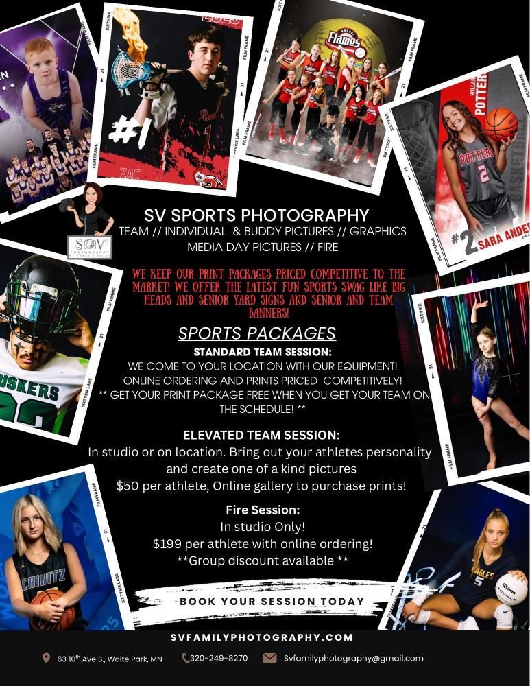 Promotional poster for SV Sports Photography, featuring athlete portraits, services, and packages offered.