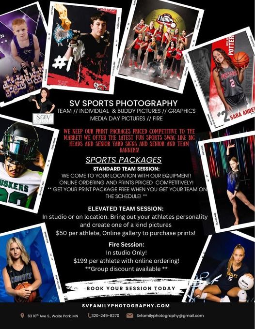 Promotional poster for SV Sports Photography, featuring athlete portraits, services, and packages offered.