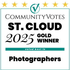 Community Votes St. Cloud 2025 Gold Winner badge. Teal and white design, text says