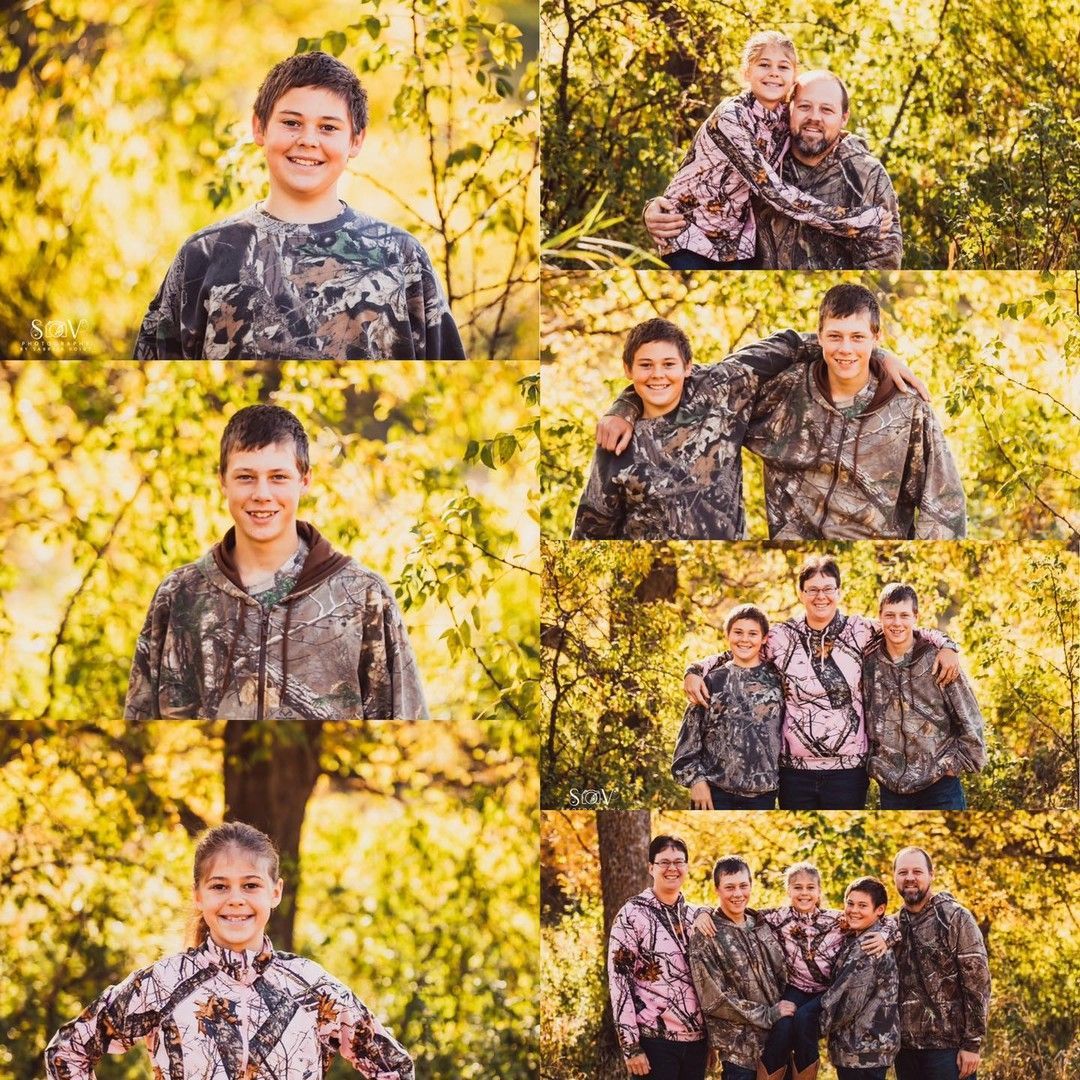 Collage: People in camouflage in a wooded area; smiling, posing.
