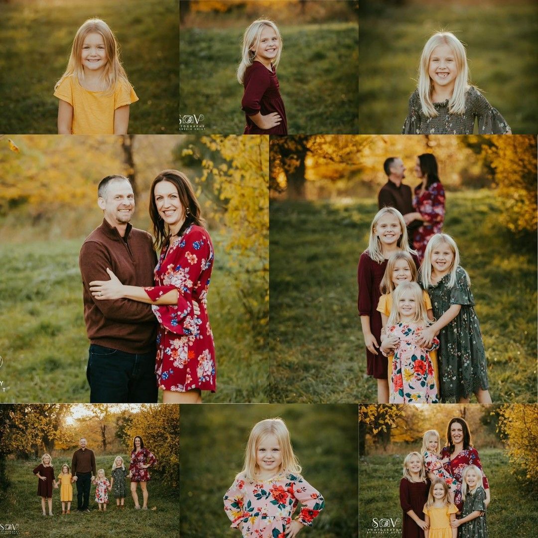 Family portraits in a grassy field with autumn leaves. Includes a couple, three girls, and smiling faces.