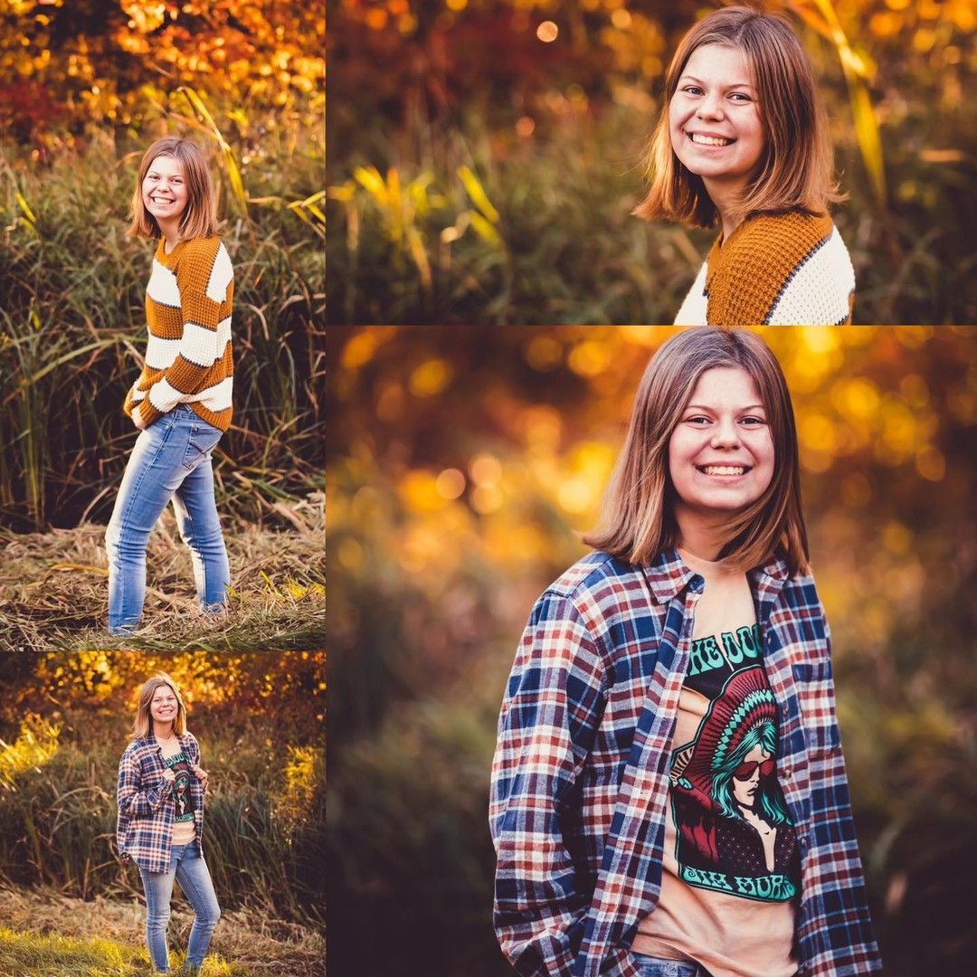 Young person smiling in several outdoor shots, wearing jeans and different tops. Golden light.