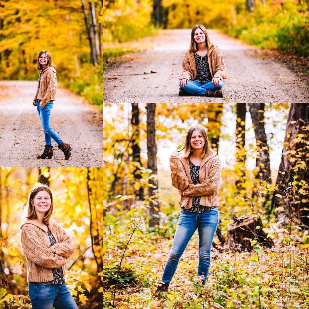 Woman in a brown jacket and jeans poses on a road and in a forest with autumn foliage.