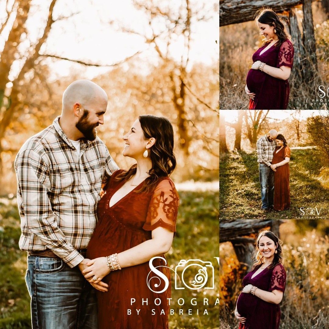 Pregnant woman and man hold hands, smiling in a sunny outdoor setting; maternity photos.