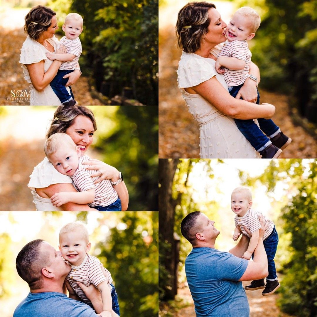 Collage of a parent holding and kissing a child, set in a natural outdoor area, warm colors.