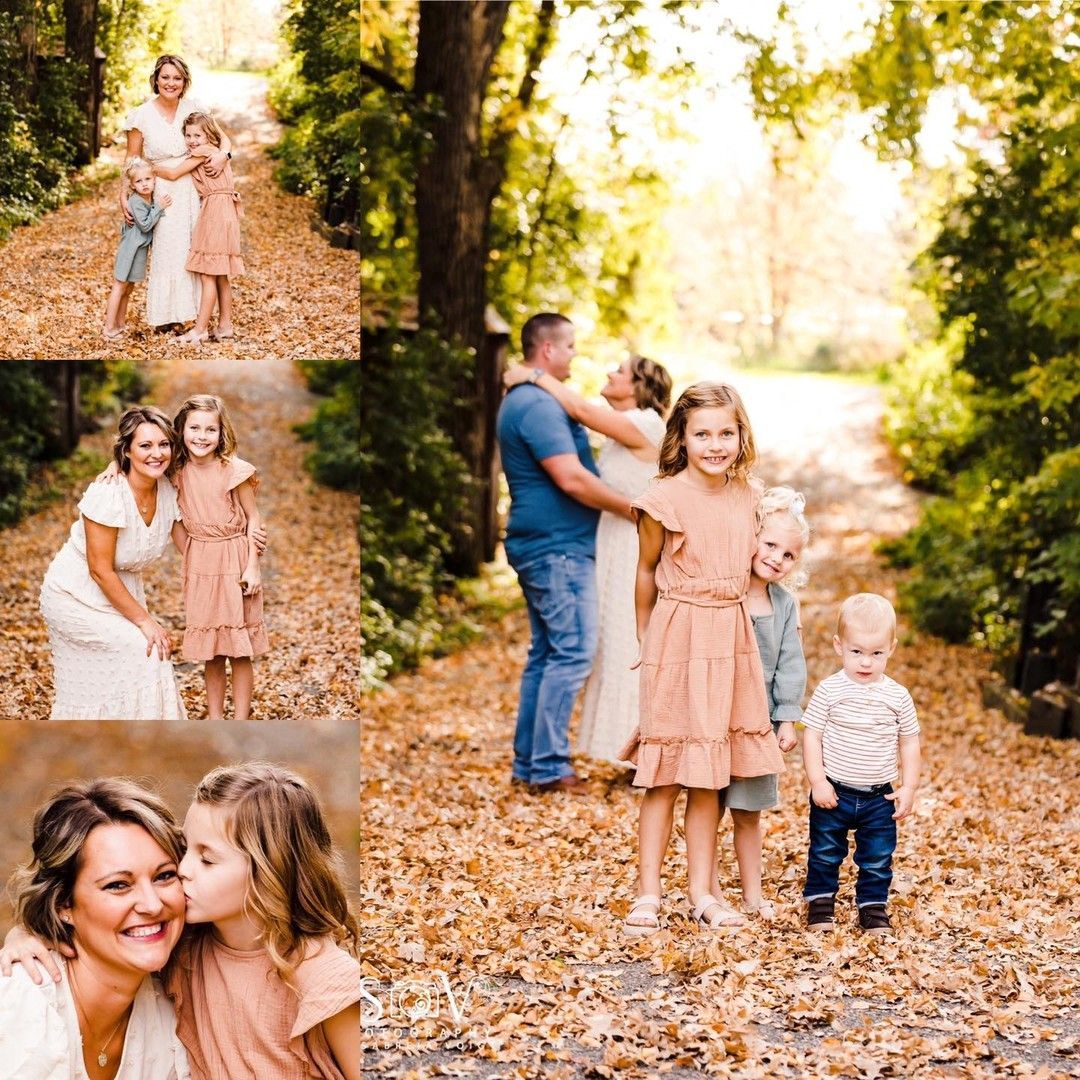 Family posing for photos in a park with autumn foliage. Couple embraces; mother and daughter pose.