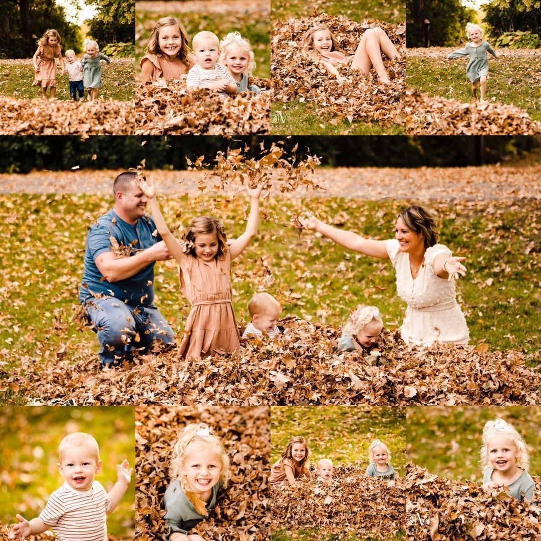 Family playing in a pile of autumn leaves, tossing them in the air with joyful expressions in a park setting.