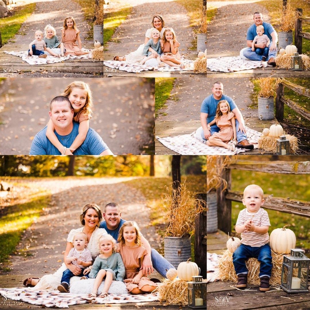 Family portraits in fall setting. Various poses on blanket and by fence with pumpkins.