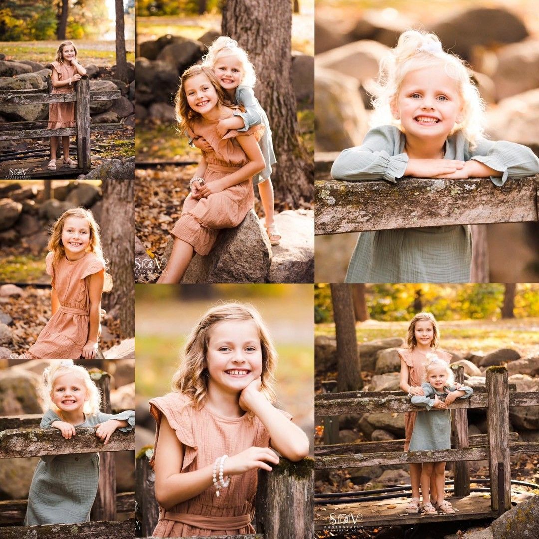 Collage of young girls posed by a wooden fence and rocks; outdoors. Golden light, smiling faces.